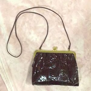 SHIRL MILLER LTD Vintage Retro Crossbody Clutch Burgundy Snakeskin Gold Frame